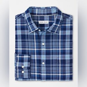 Peter Millar Indigo Blue Malawi Cotton Sport Shirt MS25W61LTF Plaid Button Up